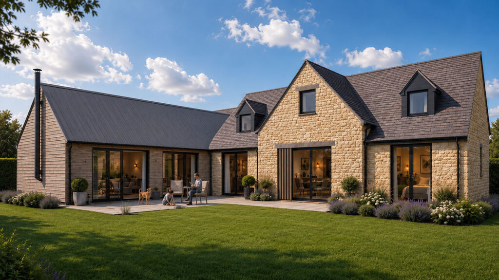 A daytime view of the rear of Applewood House during the day time, which is built using Cotswold stone, the kitchen dining room has a wood cladding exterior and the image show a lawn with a paved patio area.