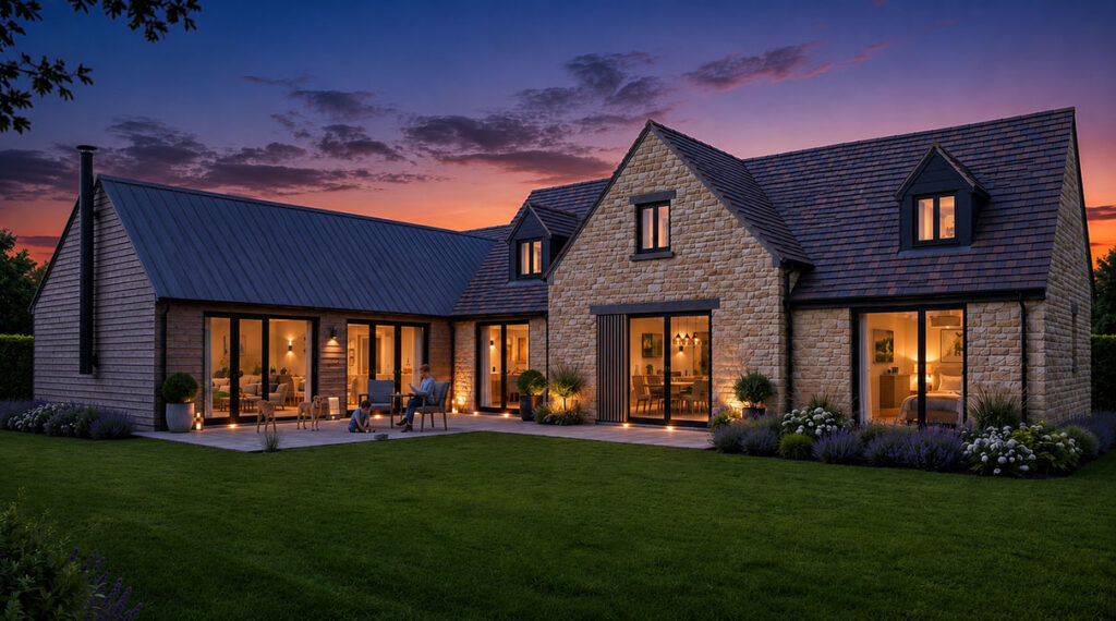 A nighttime view of the rear of Applewood House during the day time, which is built using Cotswold stone, the kitchen dining room has a wood cladding exterior and the image show a lawn with a paved patio area.