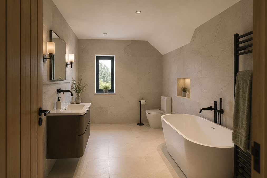 Stylish grey and white bathroom with a large white oval bath and black taps creating a sophisticated modern finish.