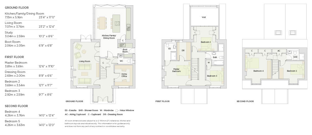 A detailed floor plan showing the layout of the house over three floors, providing measurements for each room on each floor.