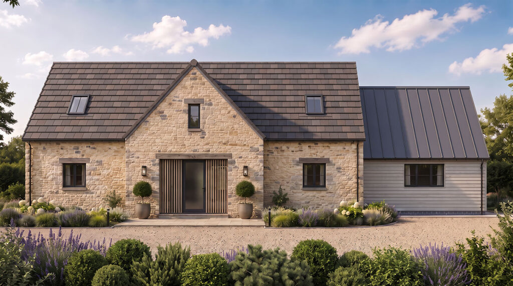 Daytime view of the front of Applewood House showing 4 windows, and front door. The house is built using Cotswold stone. There's a view of the drive and foliage in the foreground.