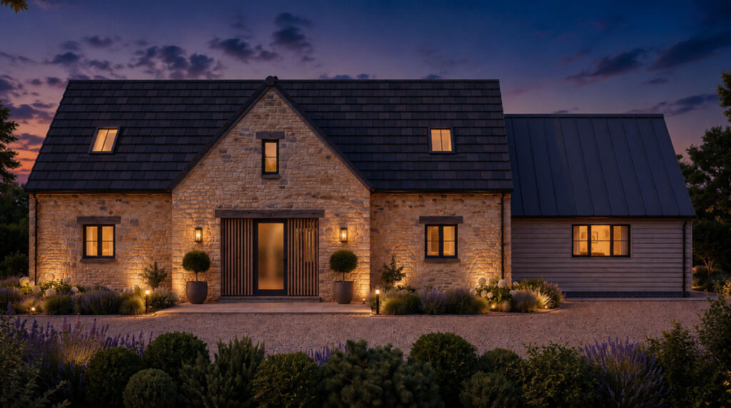 Nighttime view of the front of Applewood House showing 4 windows, and front door. The house is built using Cotswold stone. There's a view of the drive and foliage in the foreground.