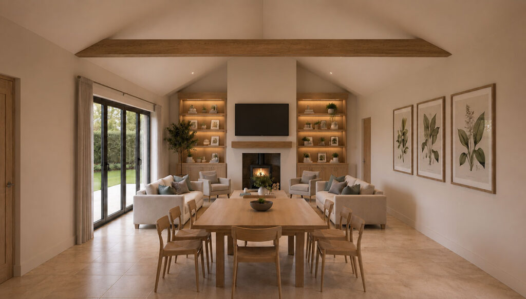 Large spacious lounge-diner area with easy access to the garden through floor to ceiling glass doors, a built in fireplace with wood burner in place.