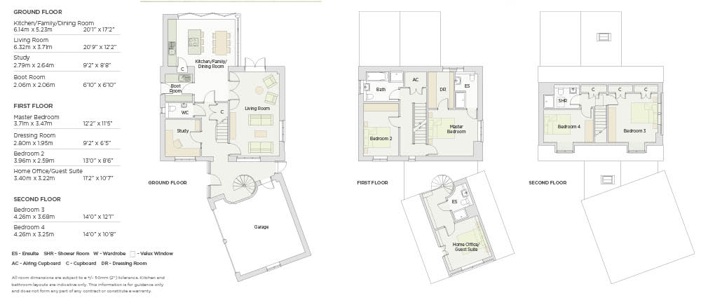 A detailed floor plan showing the layout of the house over three floors, providing measurements for each room on each floor.